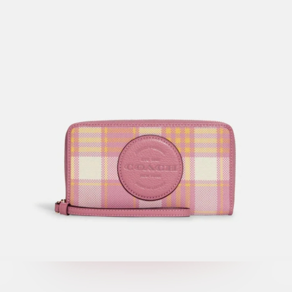 Coach Dempsey Phone Wallet With Garden Plaid Print And Coach Patch